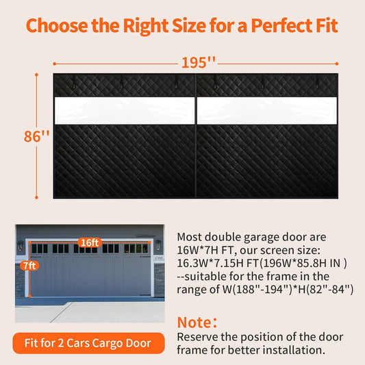 Size guide: insulated garage door curtain measures 195 by 86 inches to fit a two-car garage door