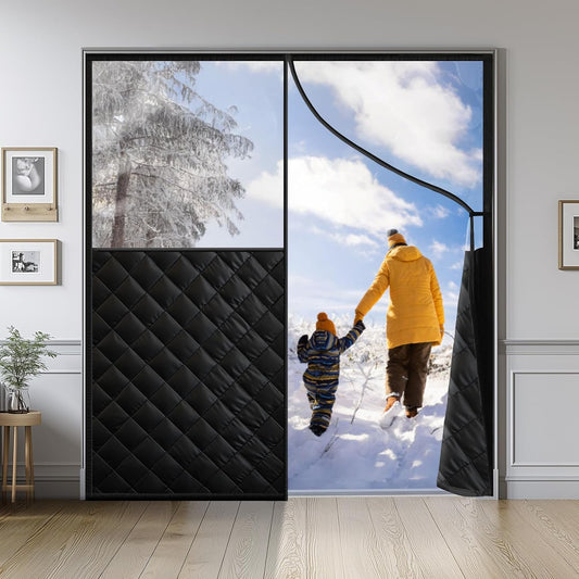 Fillis wide thermal door curtain with a clear window over a patio doorway, a parent and child walking through to the snow