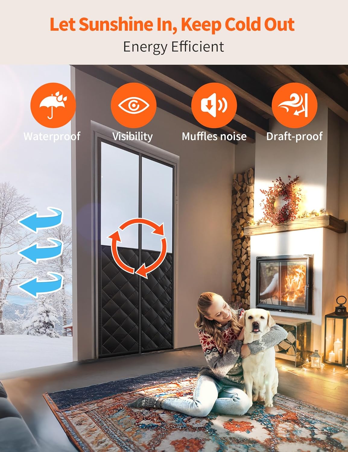 Clear-window thermal door curtain features waterproofing and visibility, with a woman and dog by a fireplace