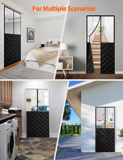 Clear-window thermal door curtain shown on bedroom, laundry-room and stairway doorways