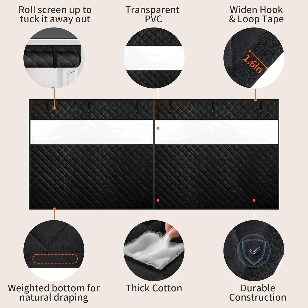Detail of the garage door curtain: roll-up tuck-away, transparent PVC window, hook-and-loop tape and weighted bottom — standard-size reference