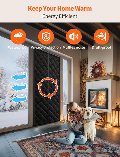 Thermal door curtain features kept warm and quiet, with a woman and dog beside a fireplace