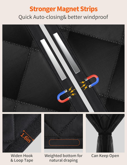 Close-up of the wide door curtain's auto-closing magnetic strips, hook-and-loop tape and weighted bottom