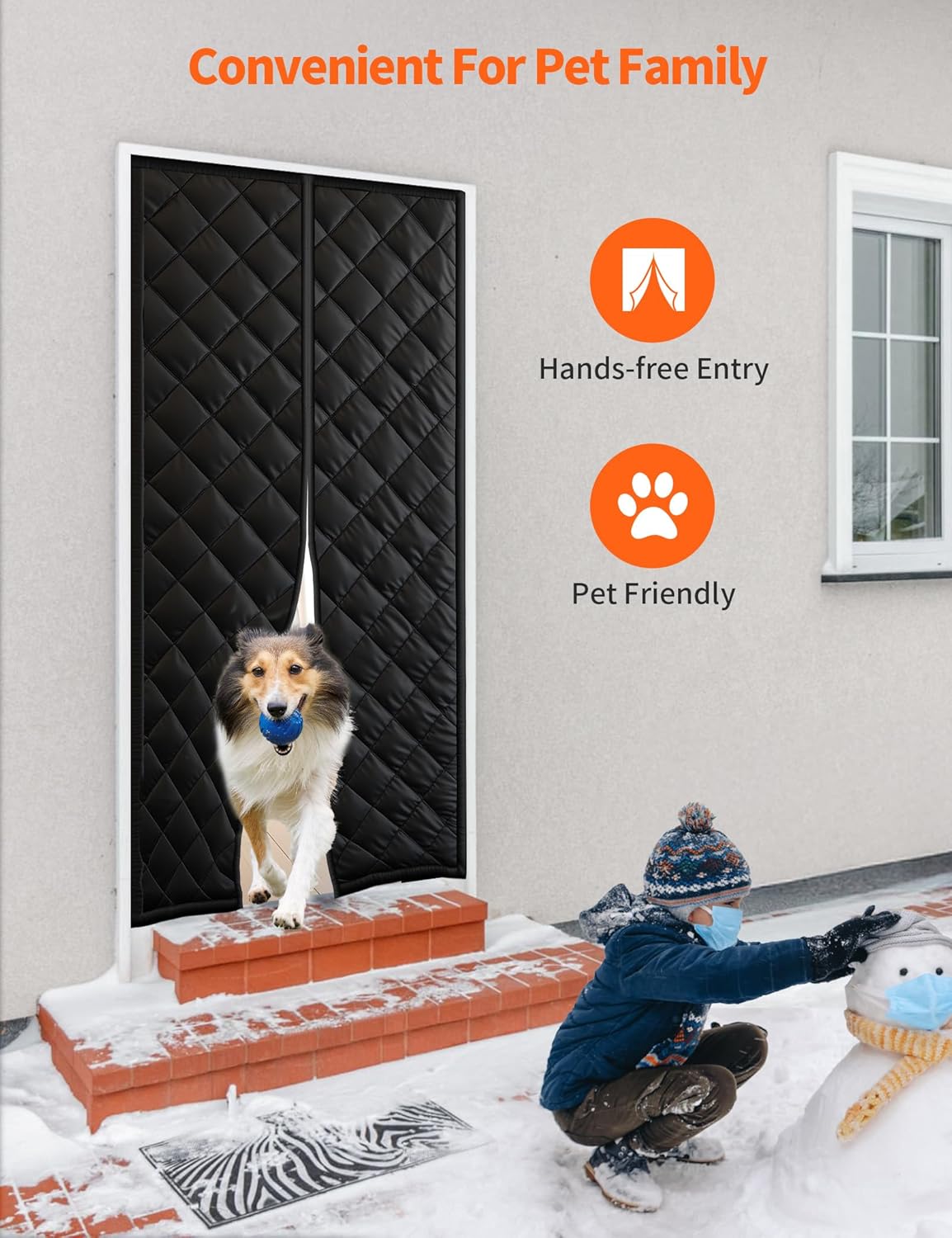 Dog walking hands-free through the magnetic thermal door curtain while a child plays in the snow
