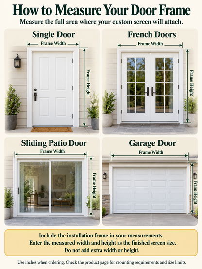 How to measure the installation frame for a custom screen: single door, French doors, sliding patio door and garage door; finished width and height, including the mounting frame