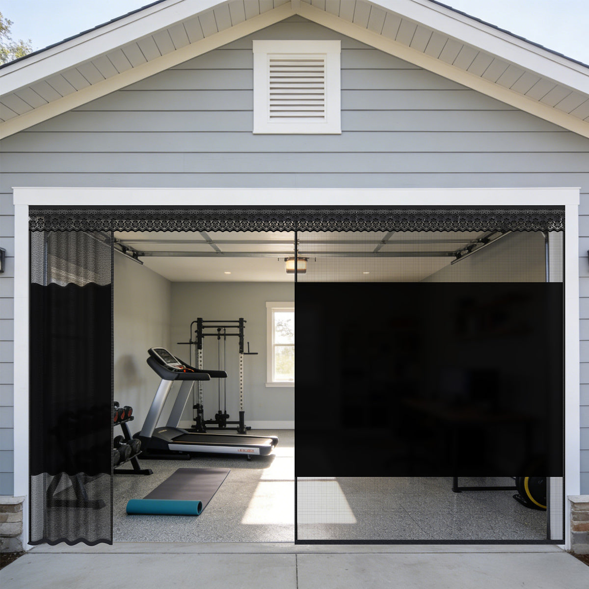 Fillis sliding garage privacy screen with a home gym