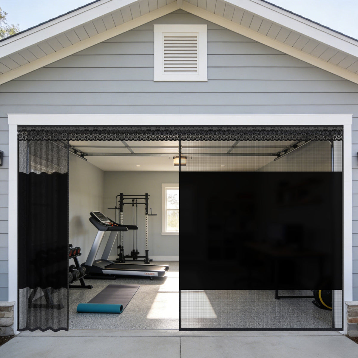 Fillis sliding garage privacy screen with a home gym; standard-size reference photo