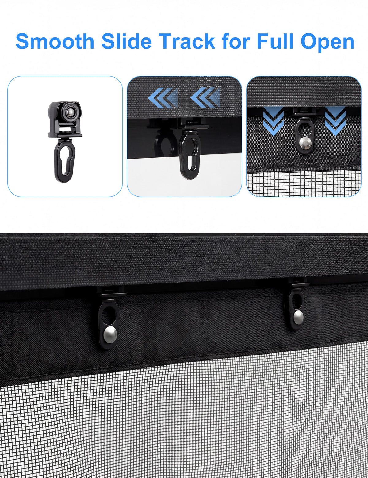 Sliding track and roller details for opening the garage screen