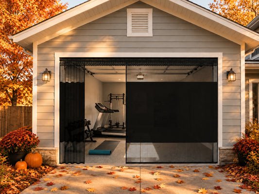Fillis blackout privacy garage door screen on a home gym garage in autumn, fallen leaves and pumpkins on the driveway