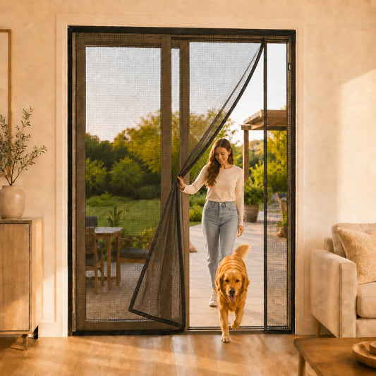 Fillis Magnetic Screen Door 72x80 - Reversible Side Opening - woman walking through with golden retriever, modern American home