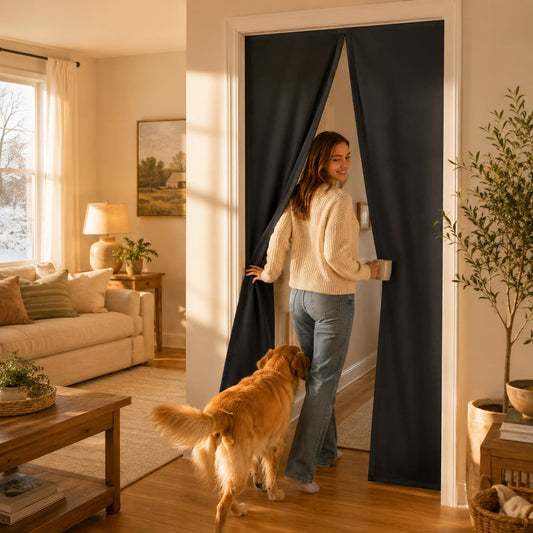 Fillis Thermal Door Curtain 32x80 - Insulated Magnetic Draft Stopper - woman in knit sweater with golden retriever, cozy modern American home