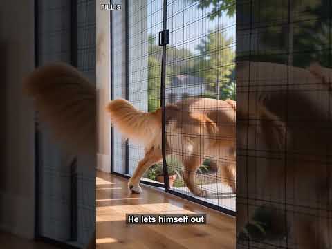 Fillis retractable screen door 72x80: dog walks through the magnetic slide-track screen on his own