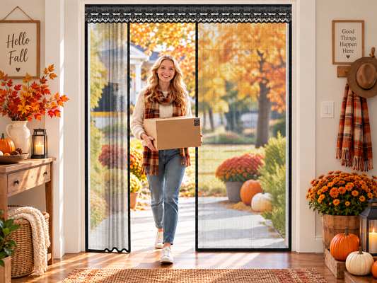 Woman carrying a package through a Fillis retractable 72x80 slide-track screen door on an autumn afternoon
