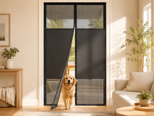 Golden retriever walking through the center magnetic closure of a Fillis 36x80 privacy screen door