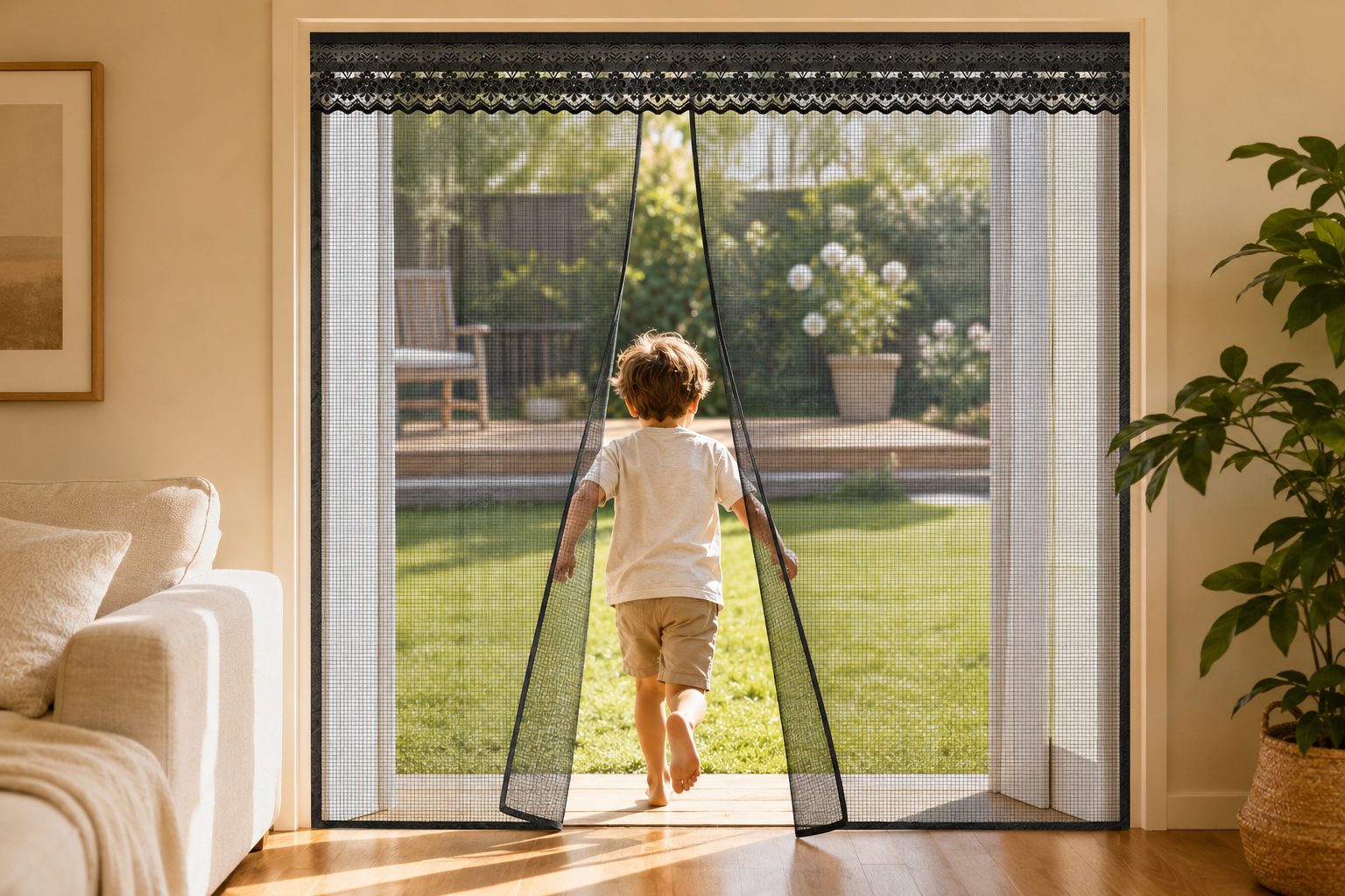 Cozy living room with Fillis magnetic mesh screen door slightly open, late afternoon golden light